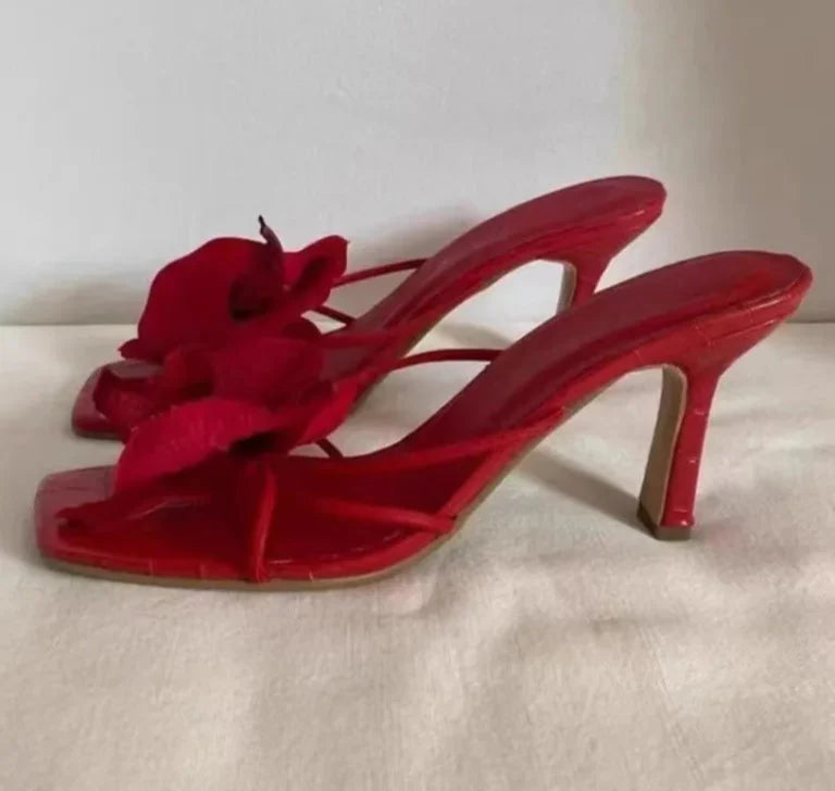 3D Flower High Heels Square Toe Shoes