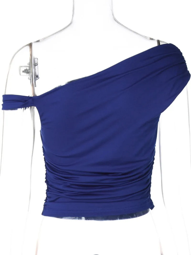 Diagonal Collar One Shoulder Asymmetrical Crop Tops