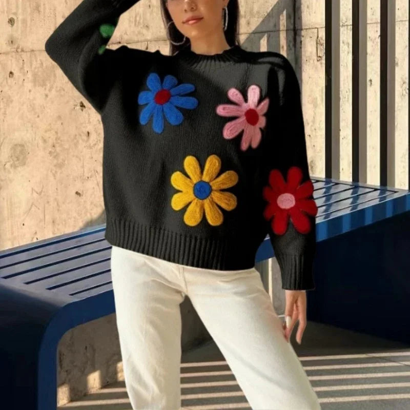 Crochet Sweater Floral Embroidered Lantern Sleeve