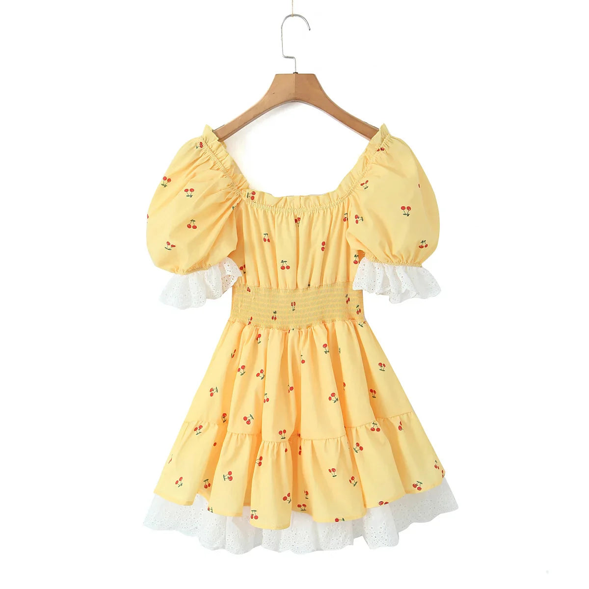 Print Puff Sleeve Ruffles Lace-up  Mini Dress