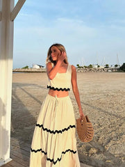 White and Black Stripe Crop Top Long Skirt Suit