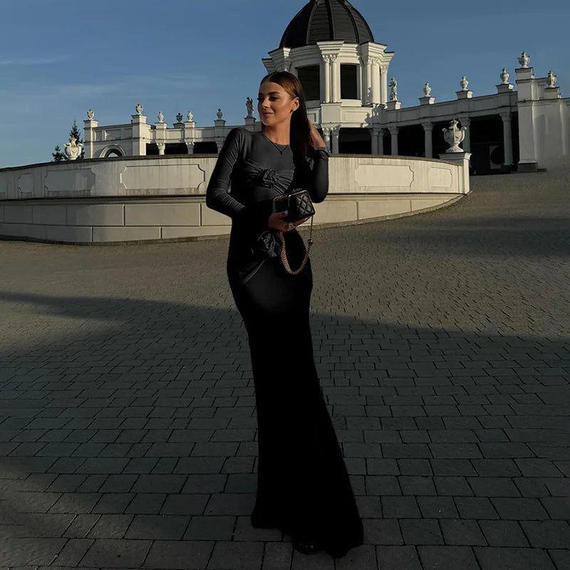 Ruched Flower Long Sleeve Solid Maxi Dress