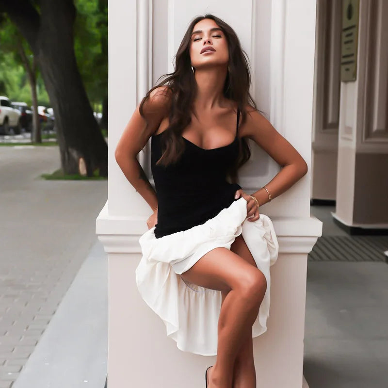Black Strap White Frill Patchwork Maxi Dress