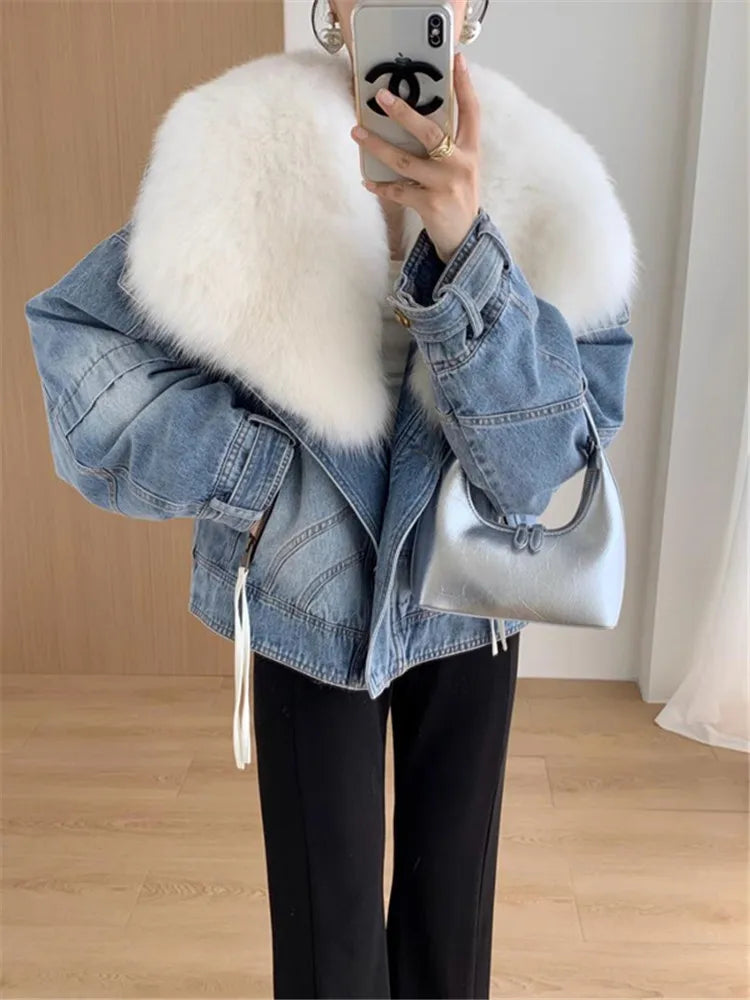 Denim Blue Fur Collar Cotton-Padded Jacket