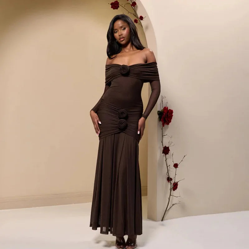 3D Flower-appliqué Mesh Long Sleeve Fishtail Maxi Dress