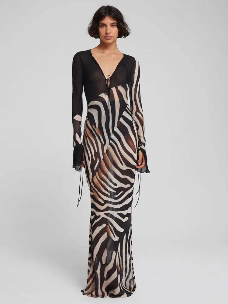 Print Zebra Striped Patchwork Long Sleeves Maxi Dress