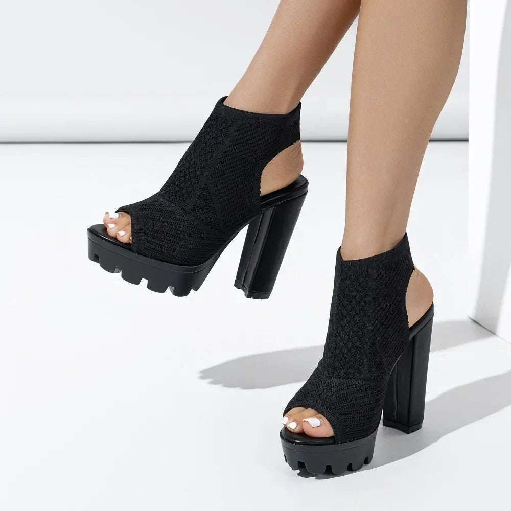 Stretch Fabric Square High Heels Shoes