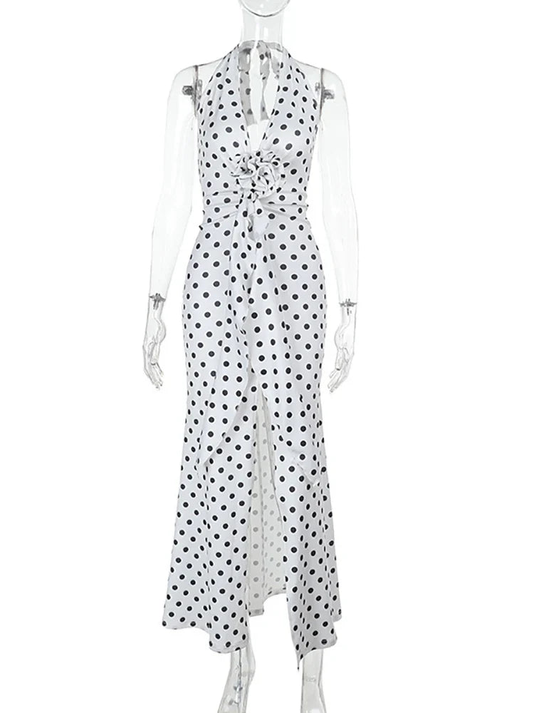 3D Flowers Polka Dot Print Backless Dress
