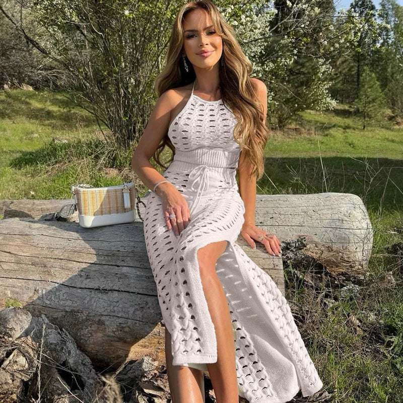 Hollow Out Knitted Top Lace Up Split Long Skirt Suit