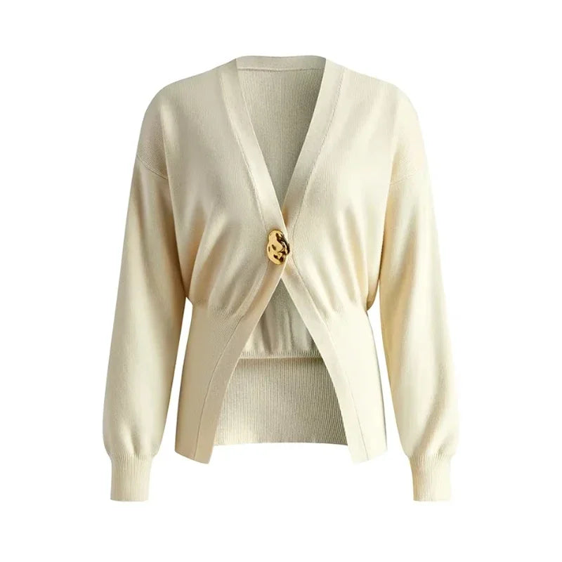 Knitted Single Button Long Lantern Sleeve Sweater