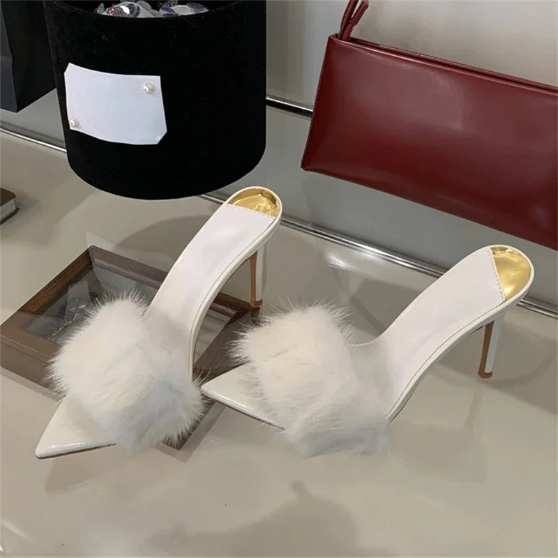 Faux Fur Open Toe Thin High Heels Sandals