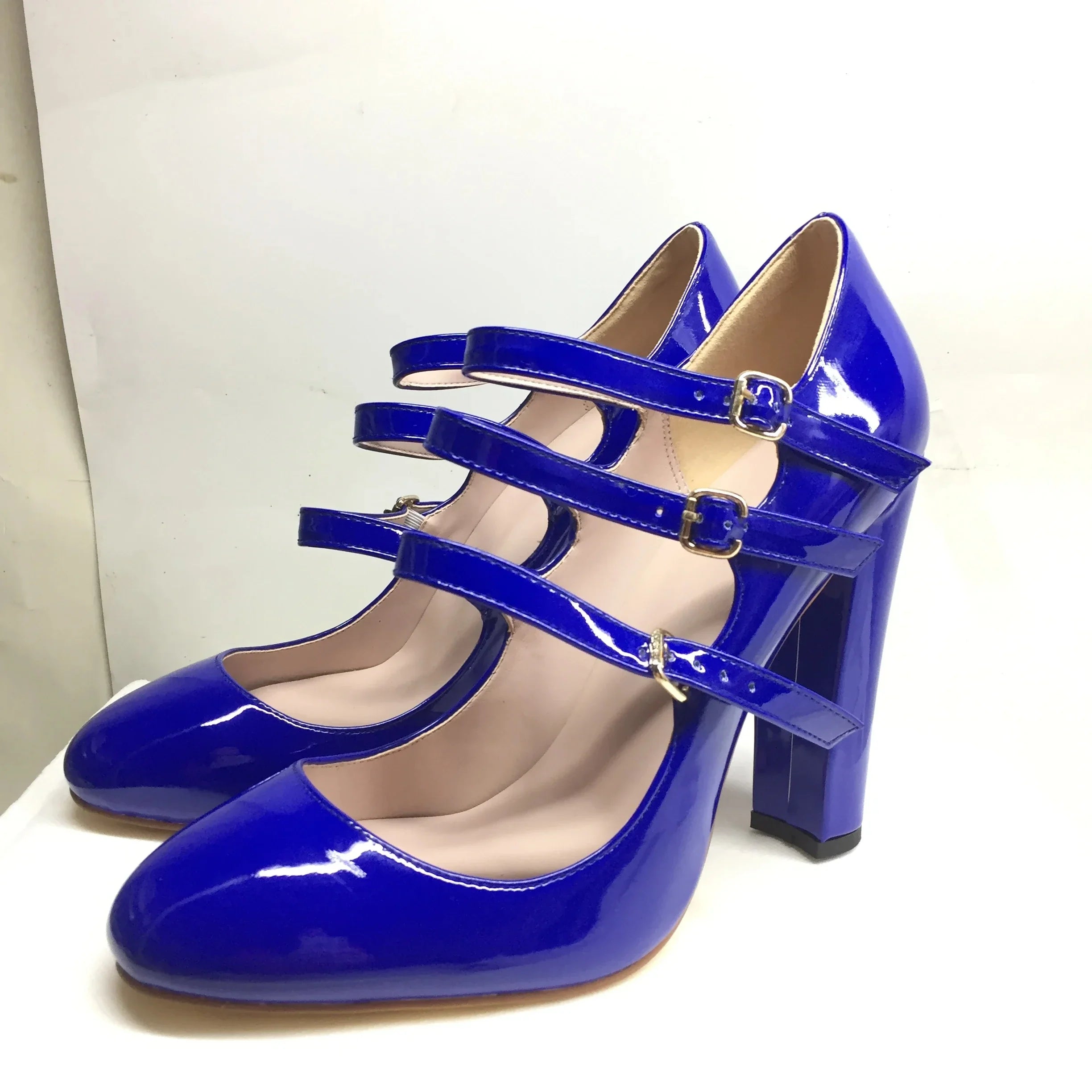 Round Toe High Heels Pumps 3-Straps Shoes