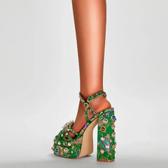 Waterproof Platform Heeled Pearl Rivet Flower Sandals