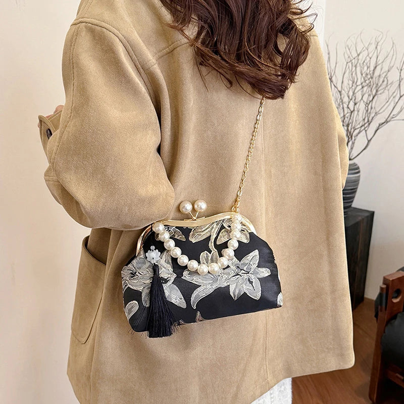 Embroidery Beaded Chain Crossbody Bag