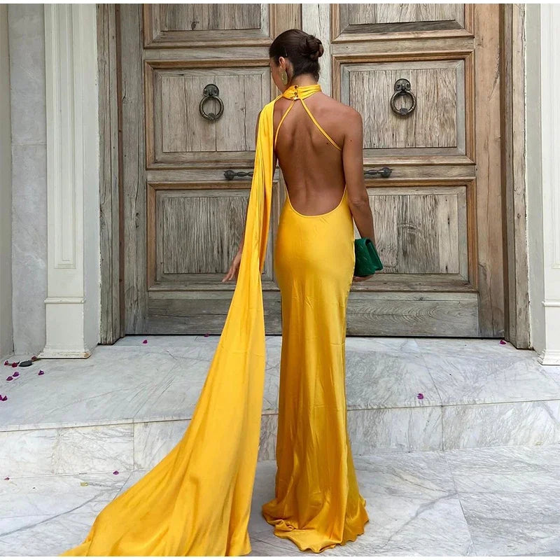 Yellow Satin Backless Lace-Up Off-Shoulder Maxi Dress