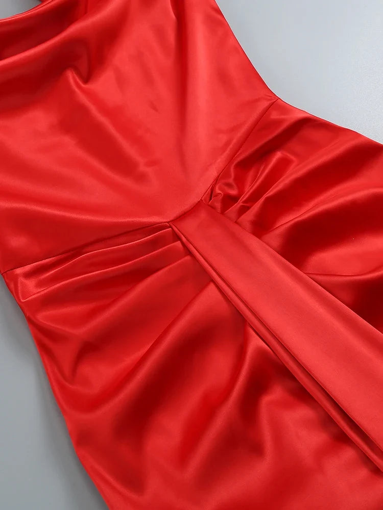 Swinging Collar Backless Pleated Red Stain Maxi Dress