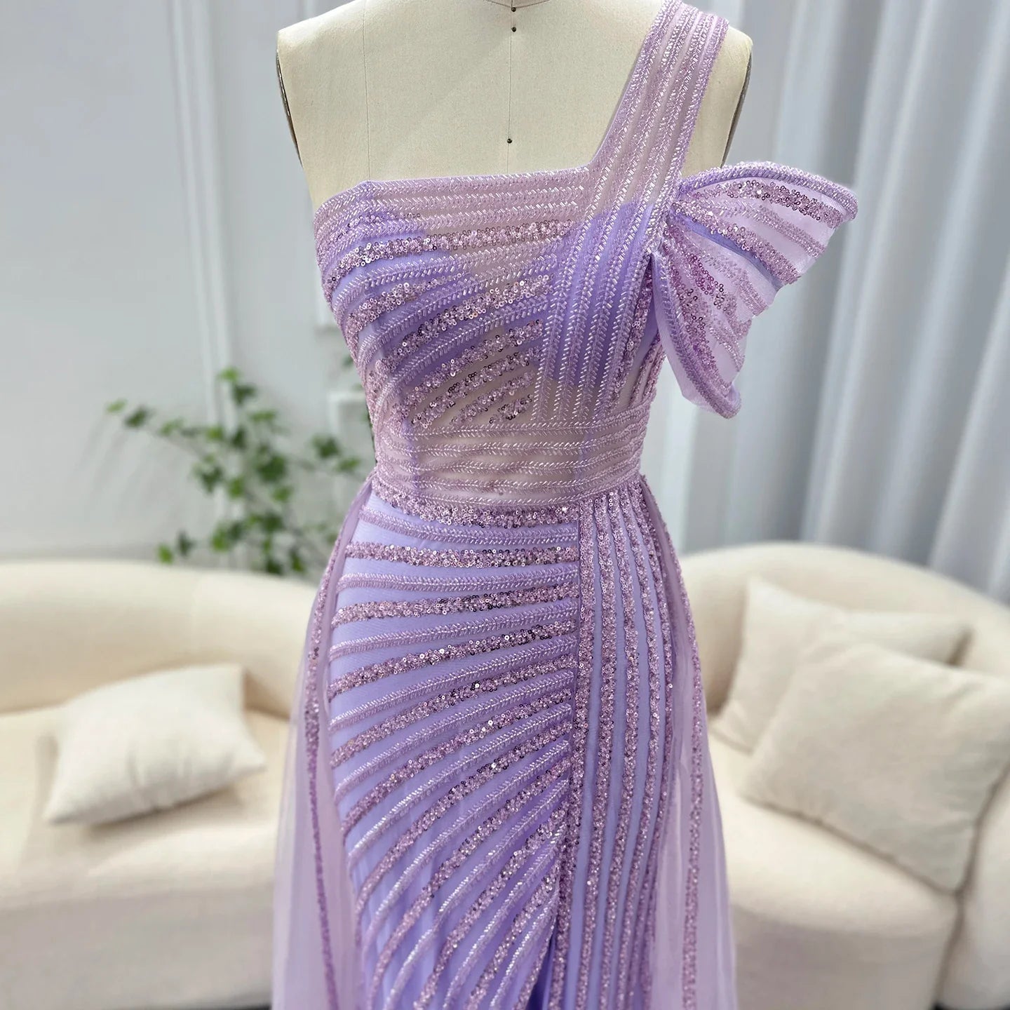 Sage Green One-Shoulder Evening Gown with Overskirt