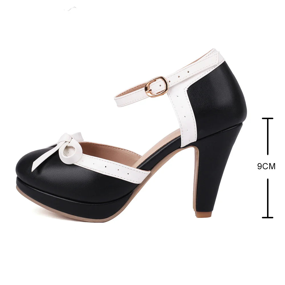 Pumps Sweet Bowtie Chunky High Heel Shoes