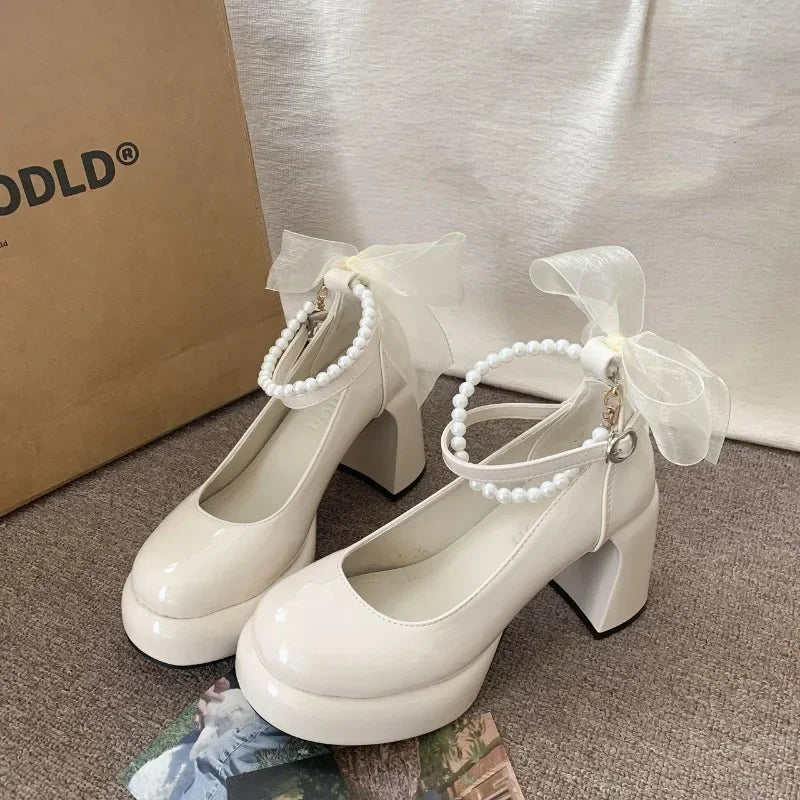 Pearl Chain Platform Block Heel Lolita Shoes