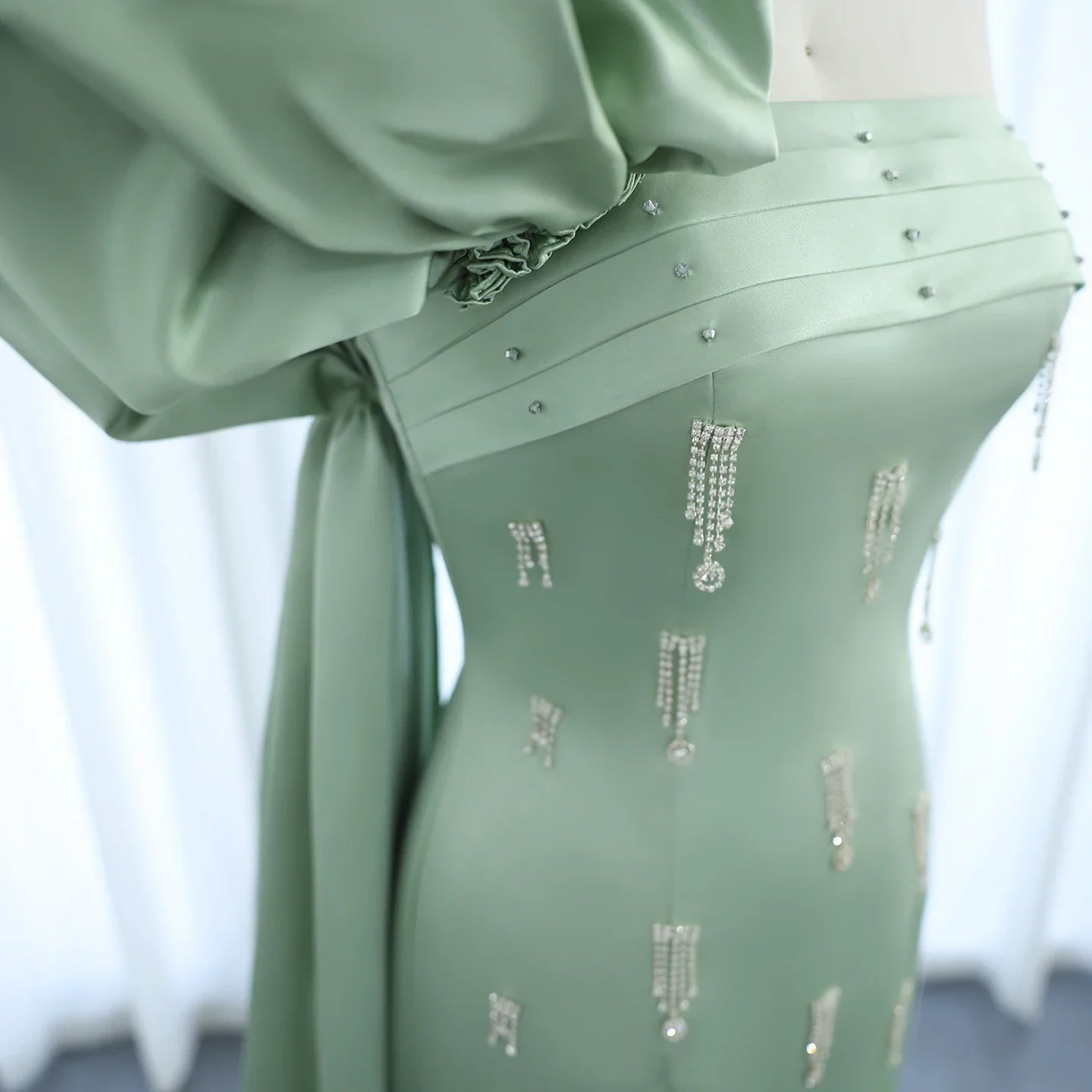 Sage Green One-Shoulder Evening Dress with Cape Crystal Tassel