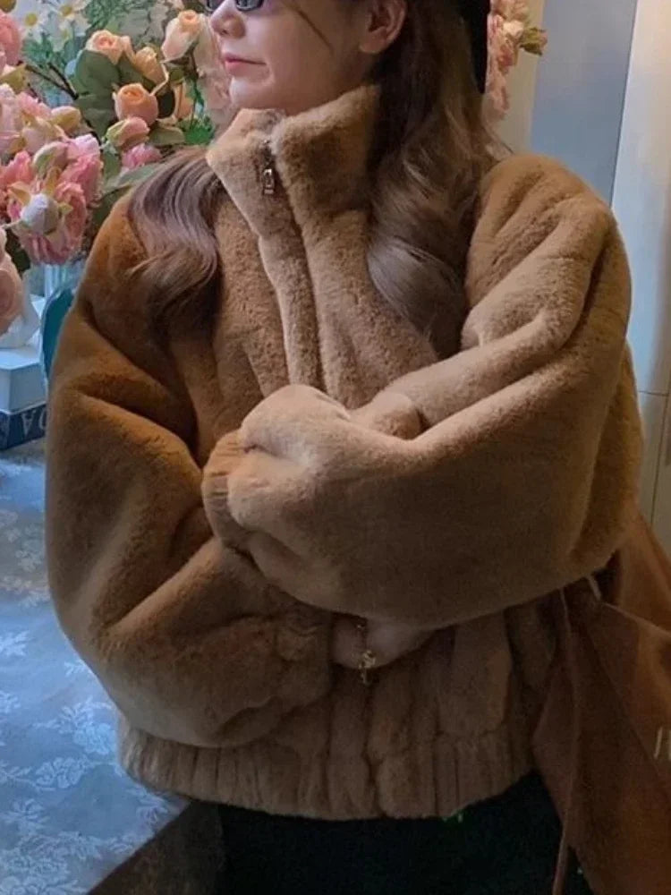 Faux Lamb Fur Coat with Zipper