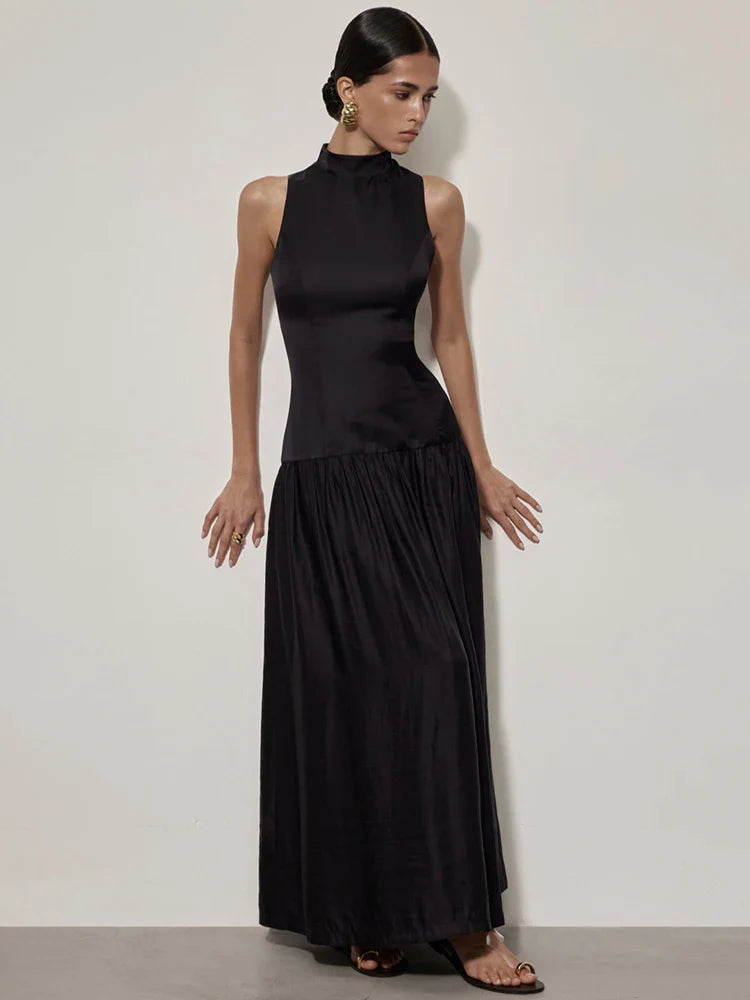 Patchwork Open Back Sleeveless Round Neck Maxi Dress
