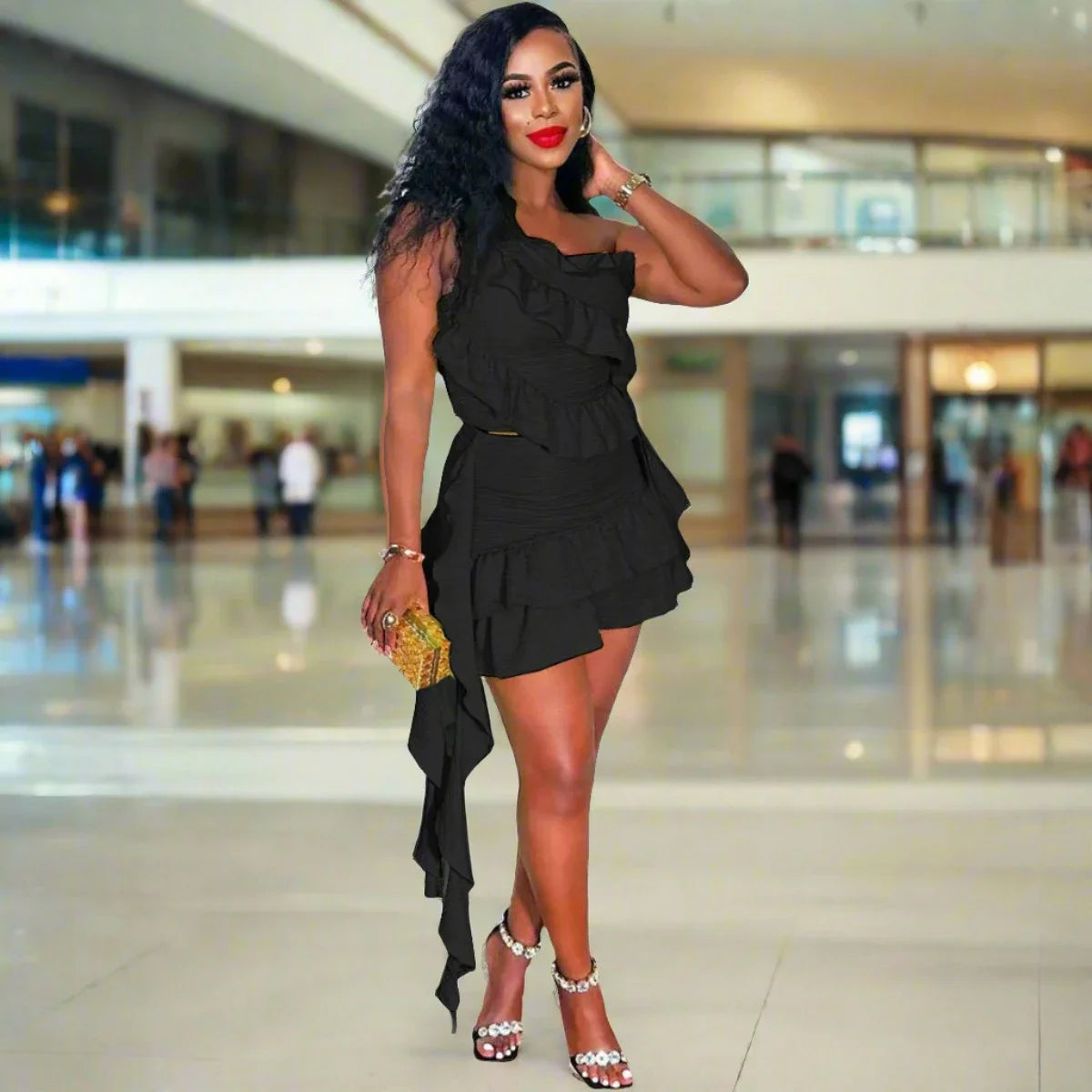 Ruffles Ribbons One Shoulder Top Mini Skirts Suits