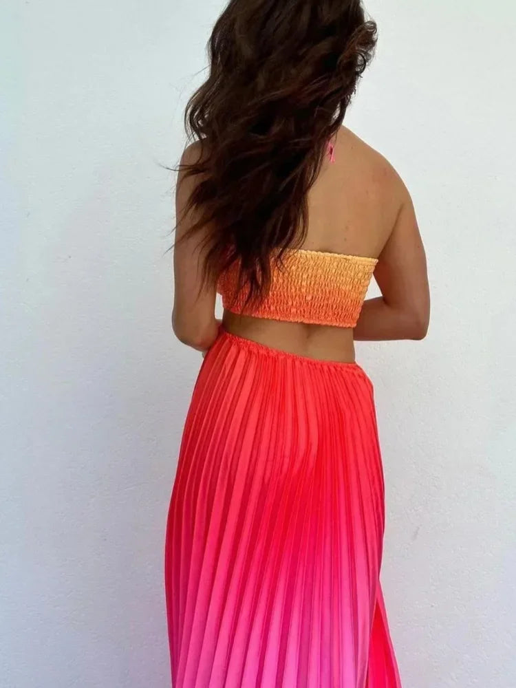 Satin Gradient Pleated Sleeveless Maxi Dress
