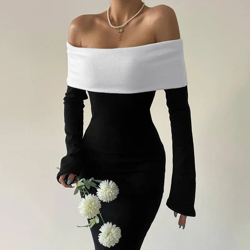 Black & White Off-the-Shoulder Maxi Dress with Long Sleeves