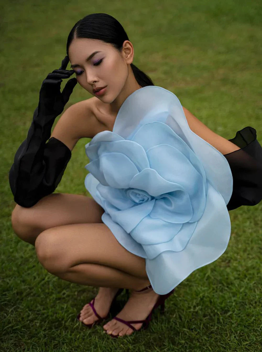 Oblique Shoulder Decorative Flower Solid Mini Dress