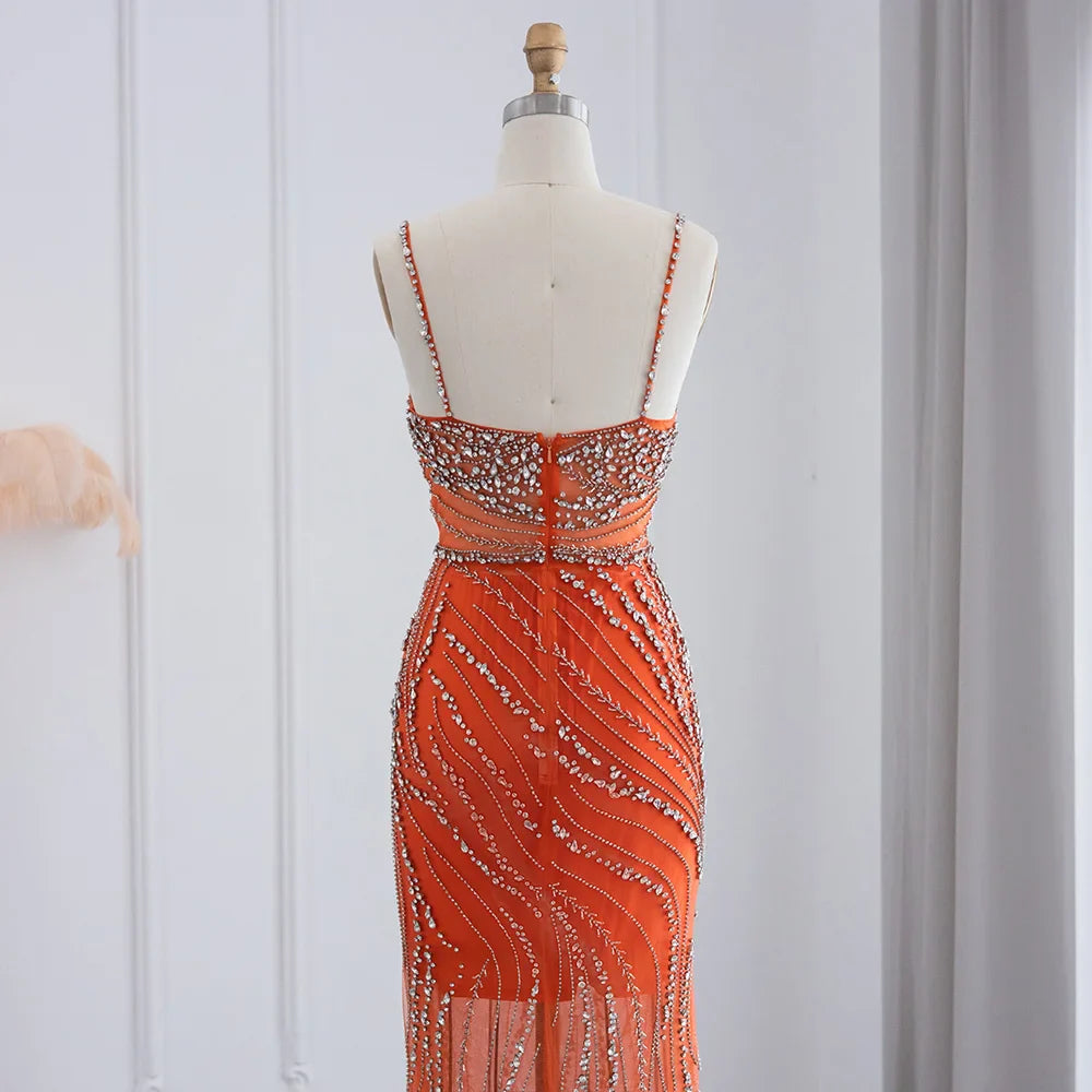 Orange Crystal Mermaid Evening Dress