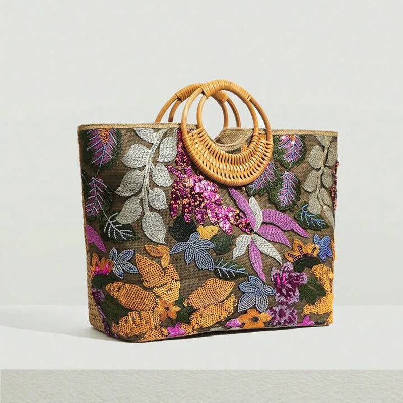 Embroidered Sequin Straw Tote Bag