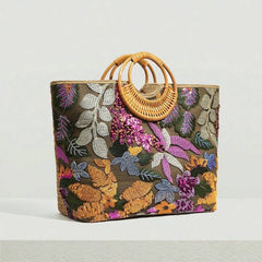 Embroidered Sequin Straw Tote Bag