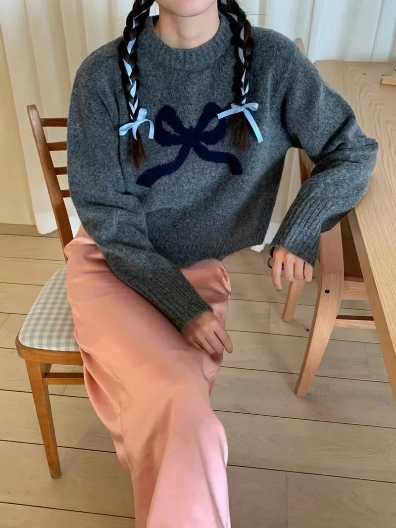 Cute Bow Knitted O neck Long Sleeve Sweater