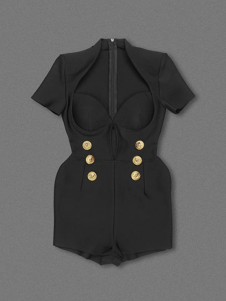 Short Sleeve Gold Button Black Jumpsuit