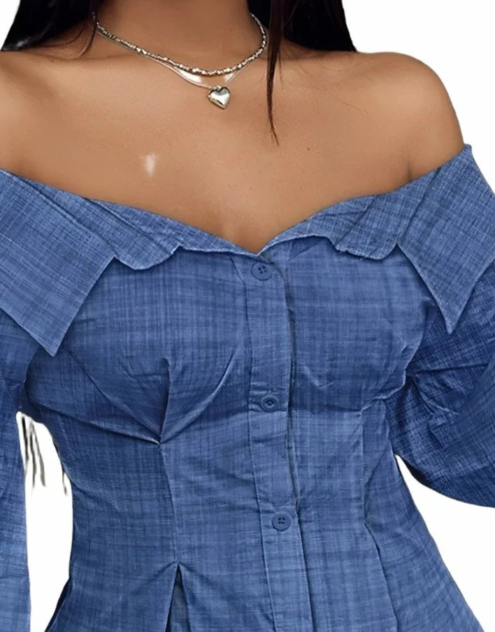 Lantern Sleeve Open Shoulder Top