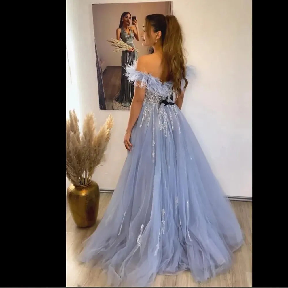 Feathers Off-shoulder Side Slit Overskirt Party Dress