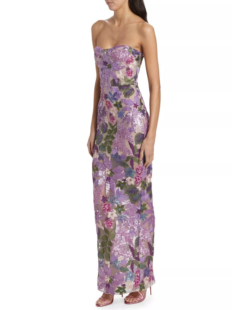 Floral-Embellished Sequin Lavender Ankle Length Dress