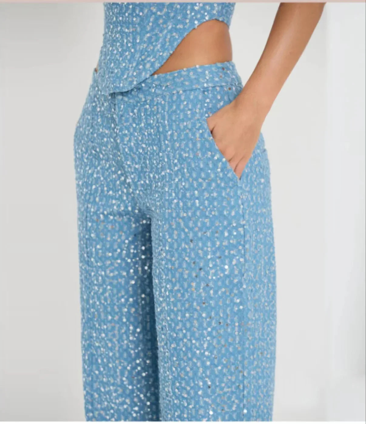 Sequins Strapless Short Skirt Denim Pants and Corset Set