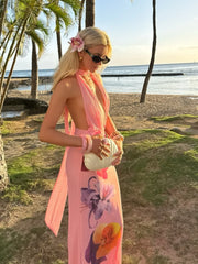 Printed Deep V With Scarf Open Back Dress