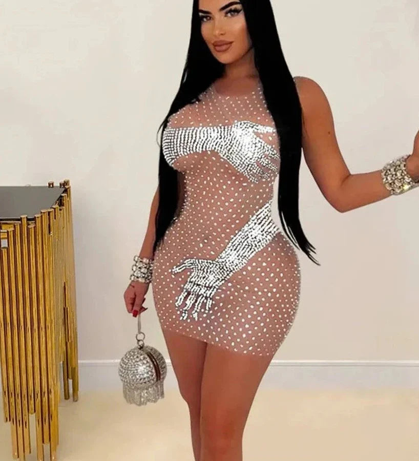 Mesh Rhinestone Round Neck Sleeveless Mini Dress