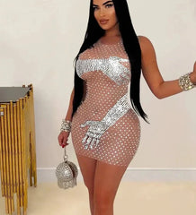 Mesh Rhinestone Round Neck Sleeveless Mini Dress