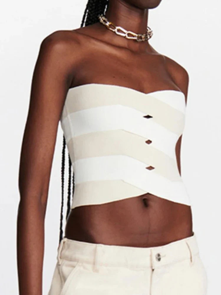 Strapless Irregular Patchwork Hollow Out Bandage Tops