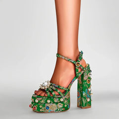 Waterproof Platform Heeled Pearl Rivet Flower Sandals
