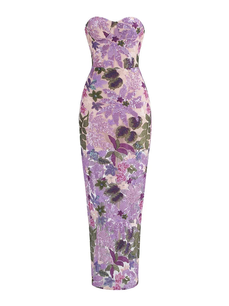 Sequin Floral-Embellished Lavender Strapless Dress