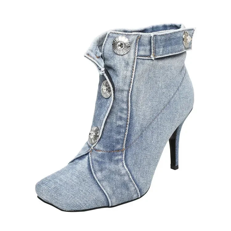 Denim Slim High Heel Button Sandals