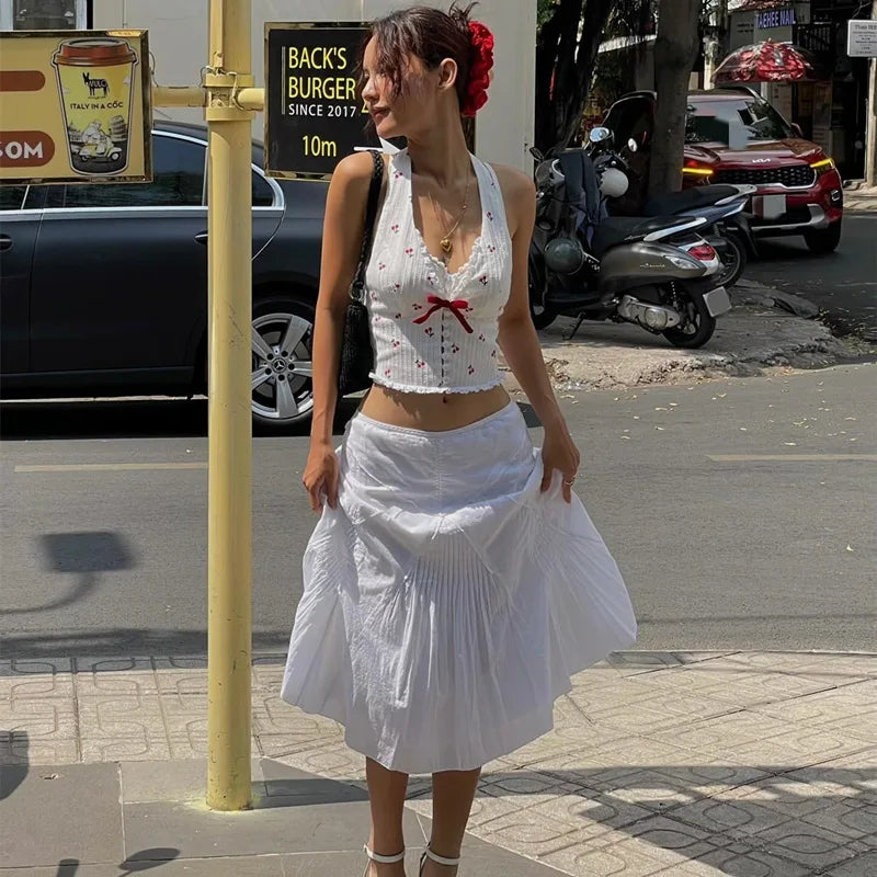 Floral Knit Halter White Crop Top