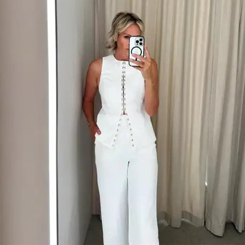 Solid Sleeveless Vest High Waist Straight Pant Suit