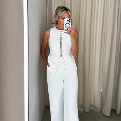 Solid Sleeveless Vest High Waist Straight Pant Suit