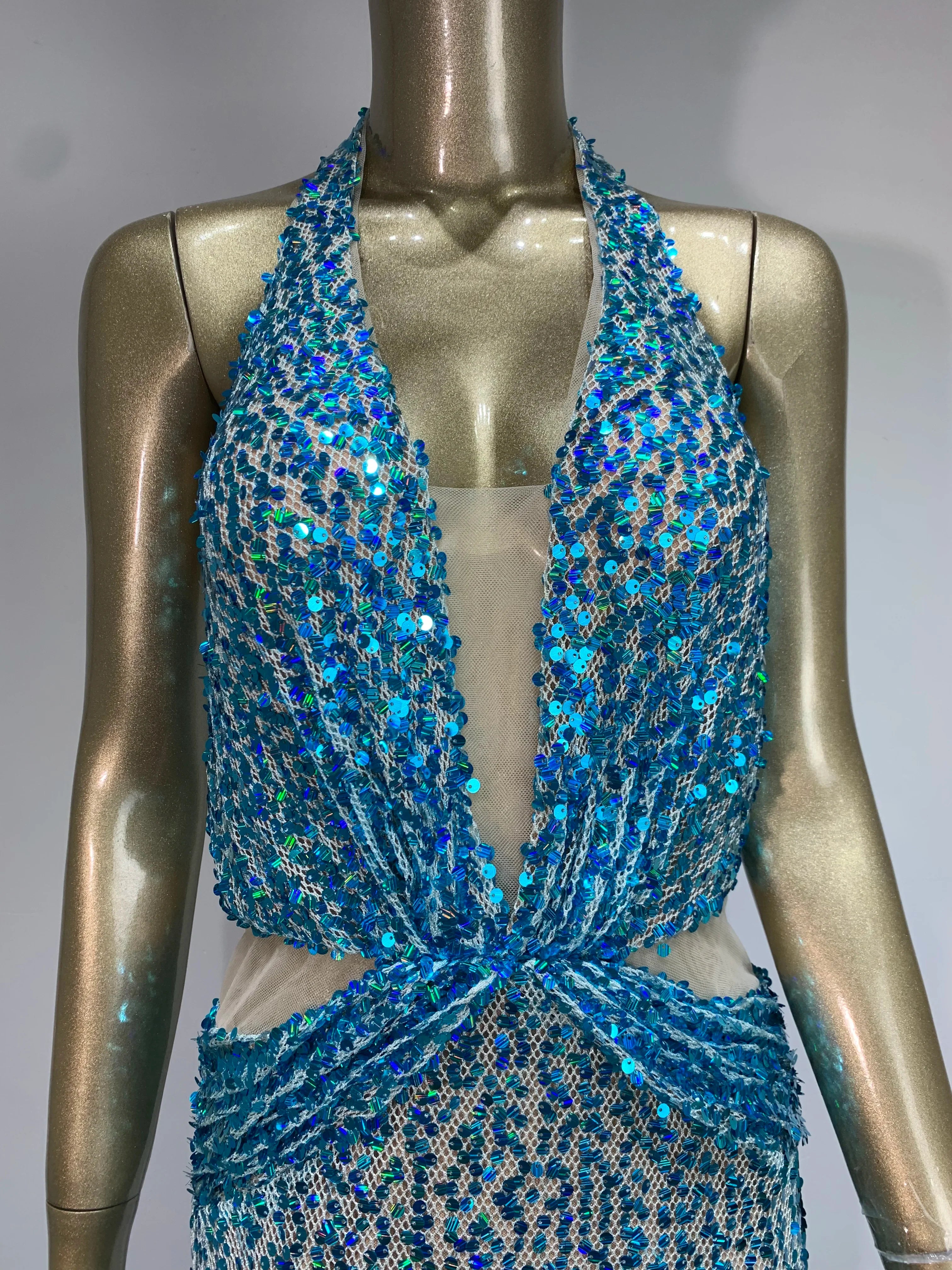 Halter Blue Sequins Sparkly Glitter Maxi Dress